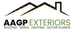 Logo for AAGP Exteriors, featuring a black roof with glowing lights, and green text.
