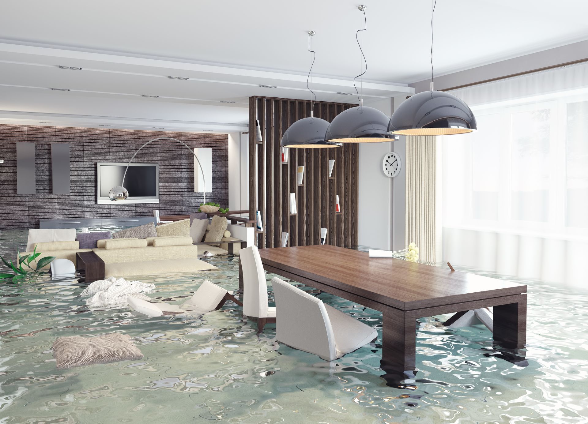 A flooded living room with a table and chairs in it.