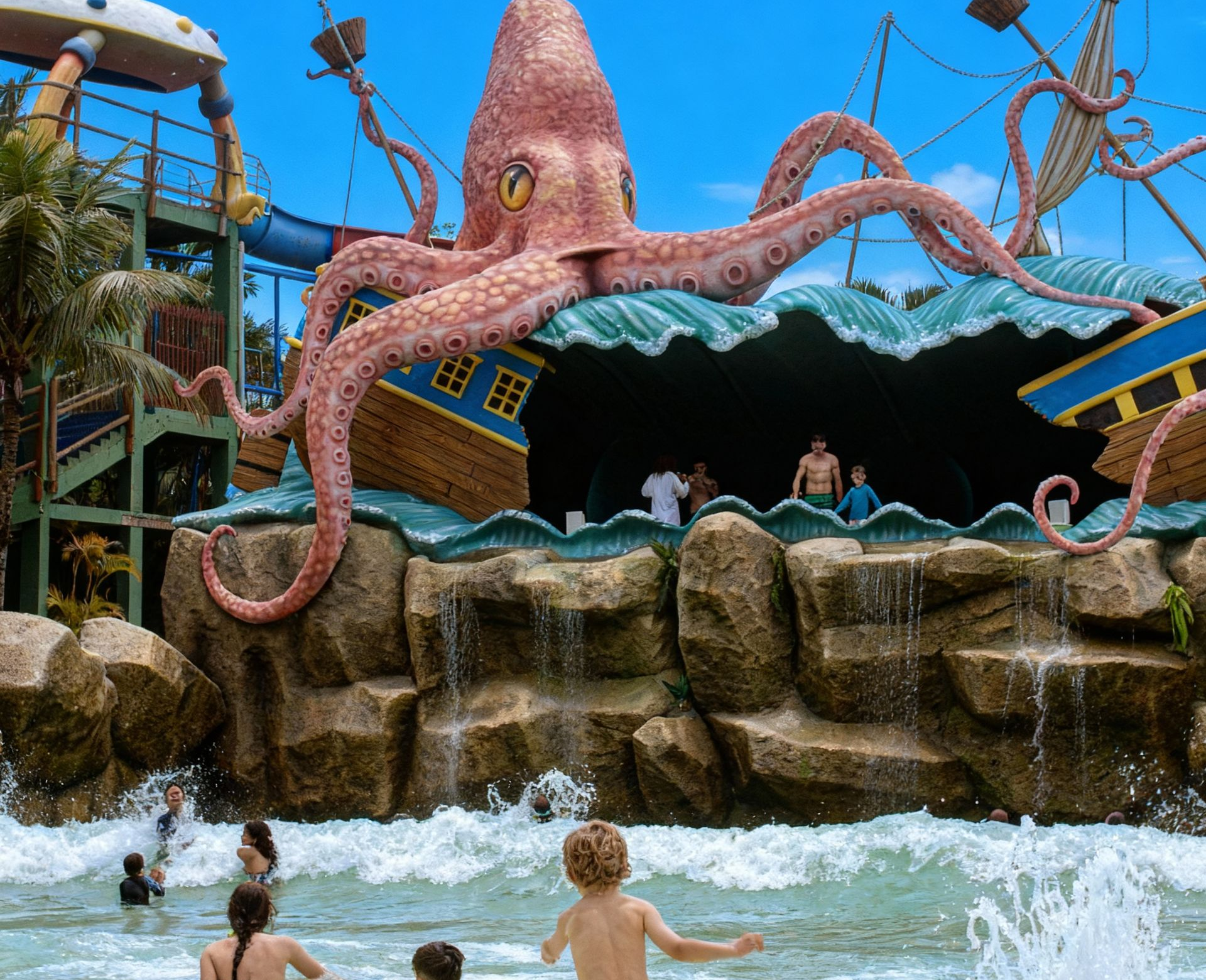 Crianças e famílias se divertindo na piscina de ondas do Água Show Park em Florianópolis sob o sol