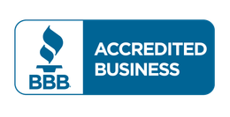 The BBB logo is blue and white and says accredited business.