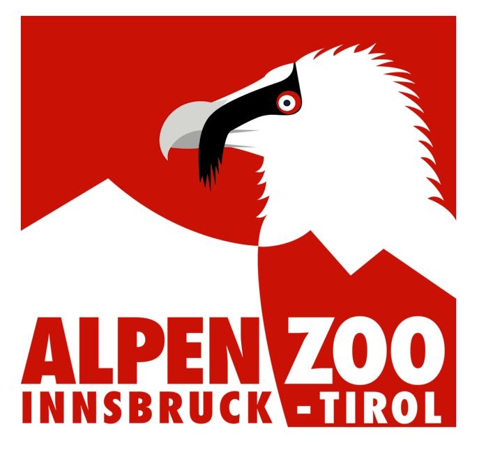 Logo für den Alpenzoo Innsbruck-Tirol mit einem weißen Adler über einem roten Berg und roter Schrift.