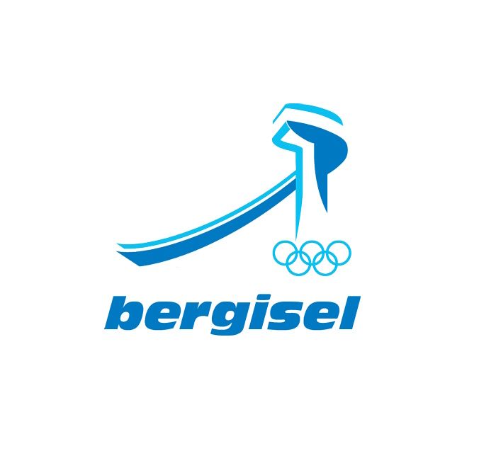 Logo für die Bergisel-Skisprungschanze, mit einer stilisierten blauen Skisprungschanze, olympischen Ringen und dem Wort „Bergisel“.