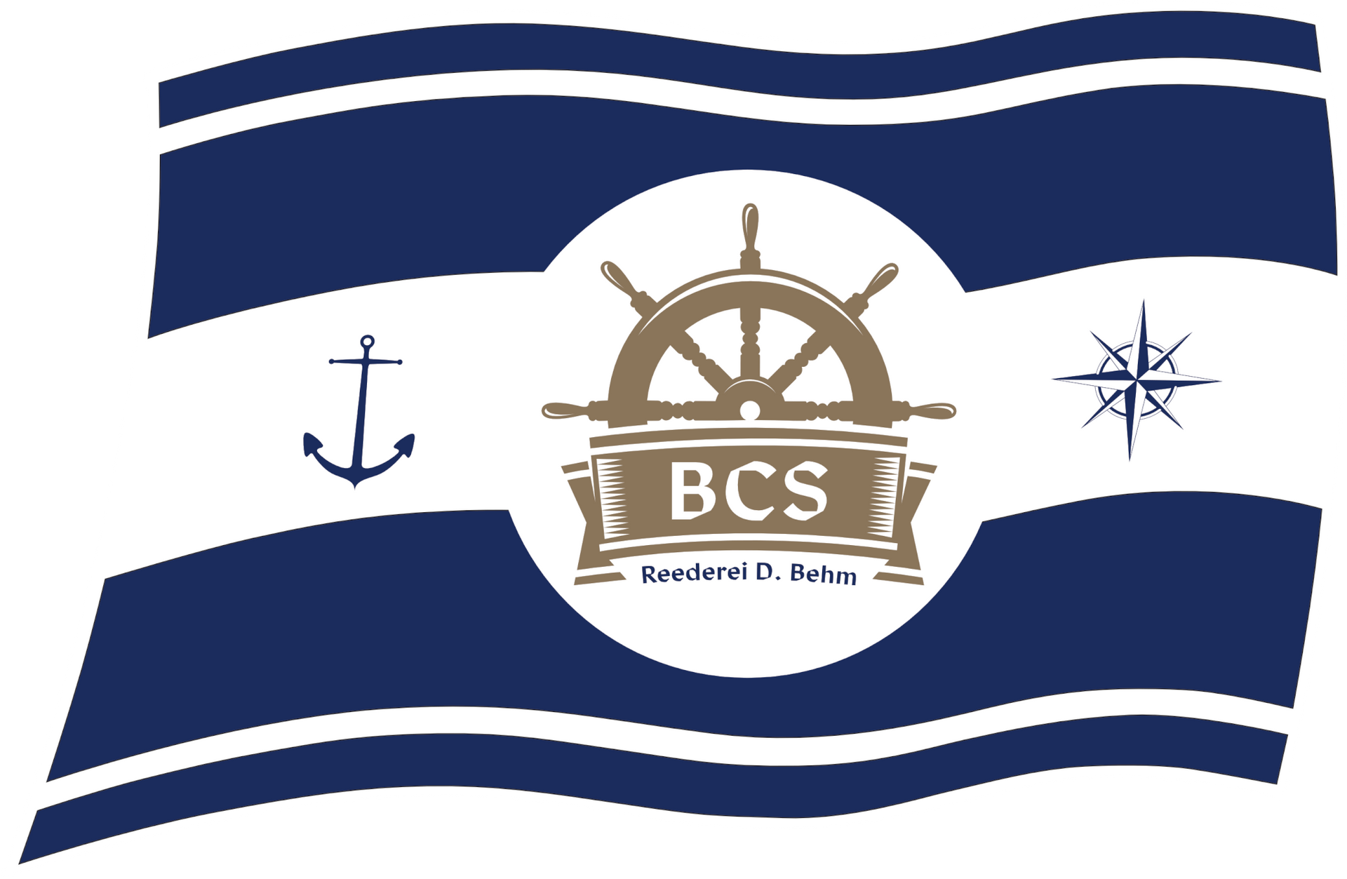 Flagge mit dunkelblauen und weißen horizontalen Streifen, einem zentralen Kreis mit einem Steuerrad und „BCS“, Anker und Kompassrose.
