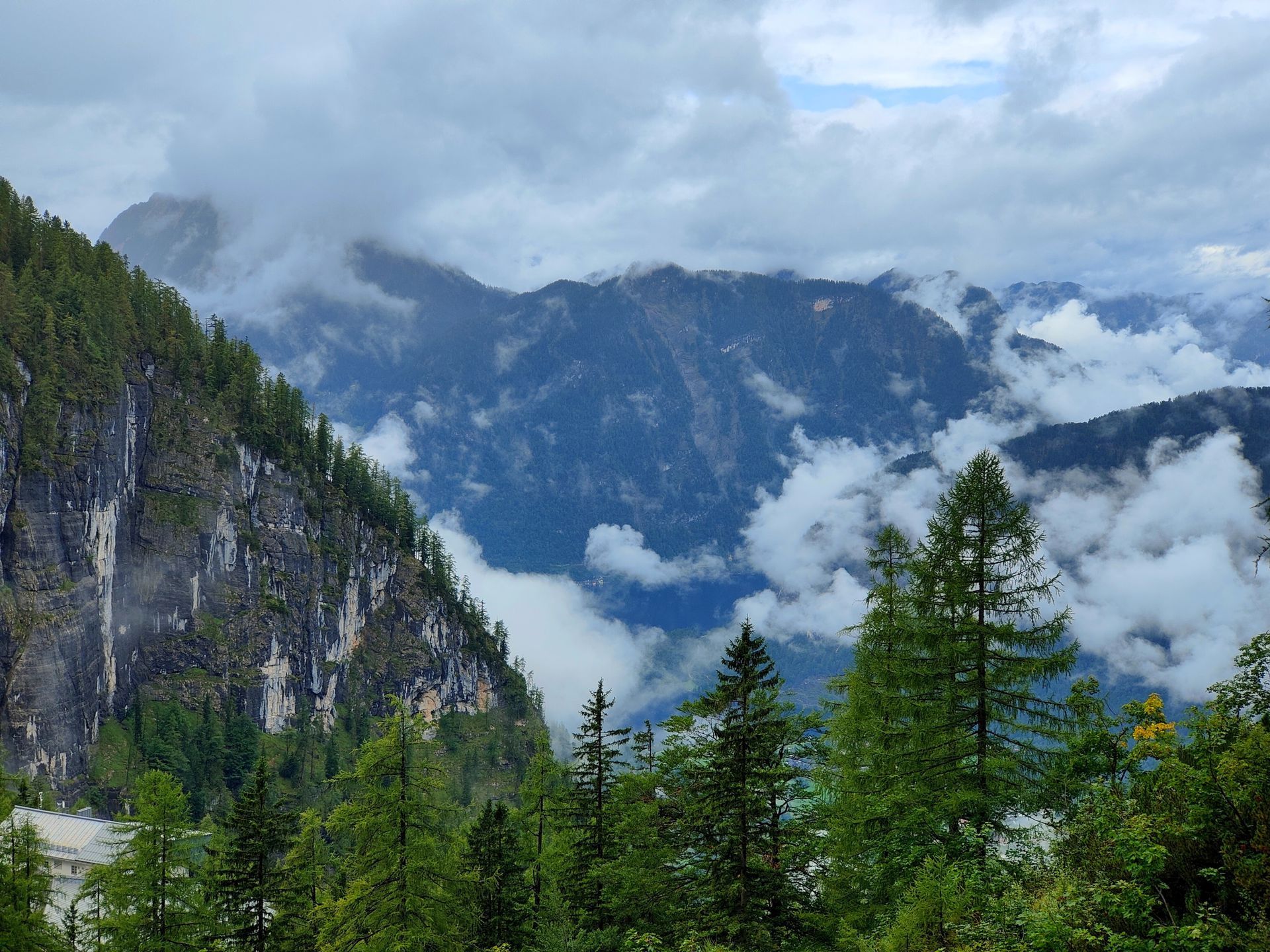 Mountains partly obscured by clouds, with evergreen trees in the foreground.