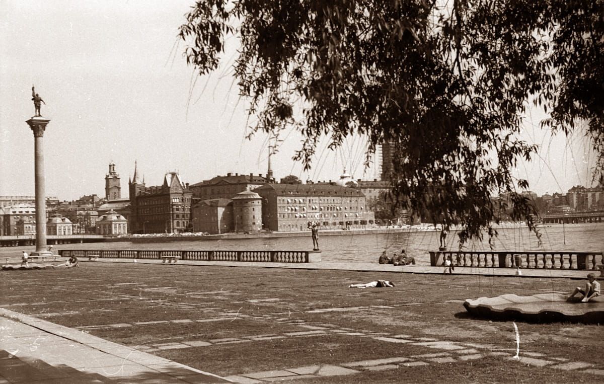 Sepia city park with a river, bridge, buildings, and trees in the foreground