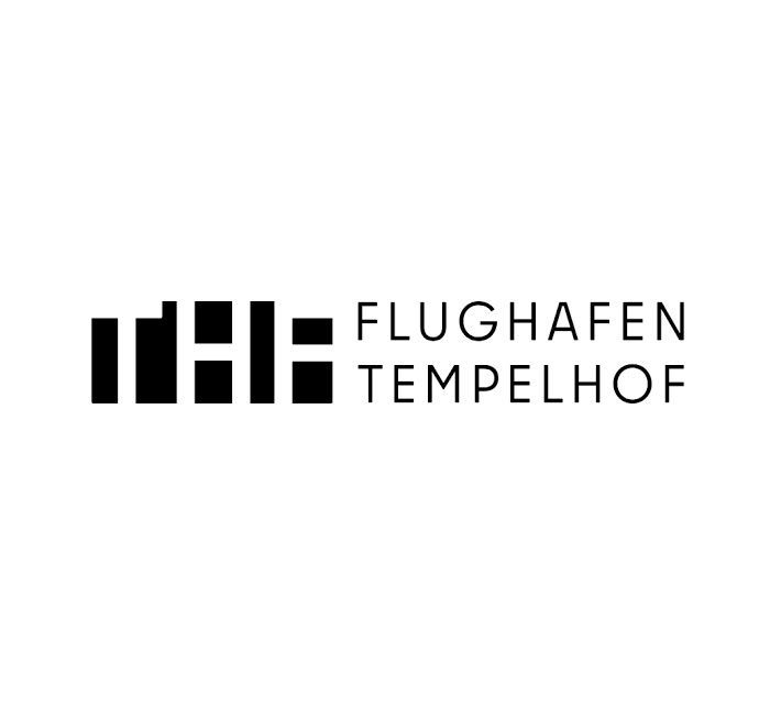 Logo für den Flughafen Tempelhof mit einer Grafik aus gestapelten schwarzen Rechtecken neben Text.