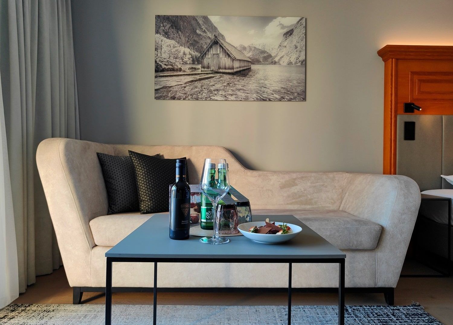 A living room with a couch and a coffee table