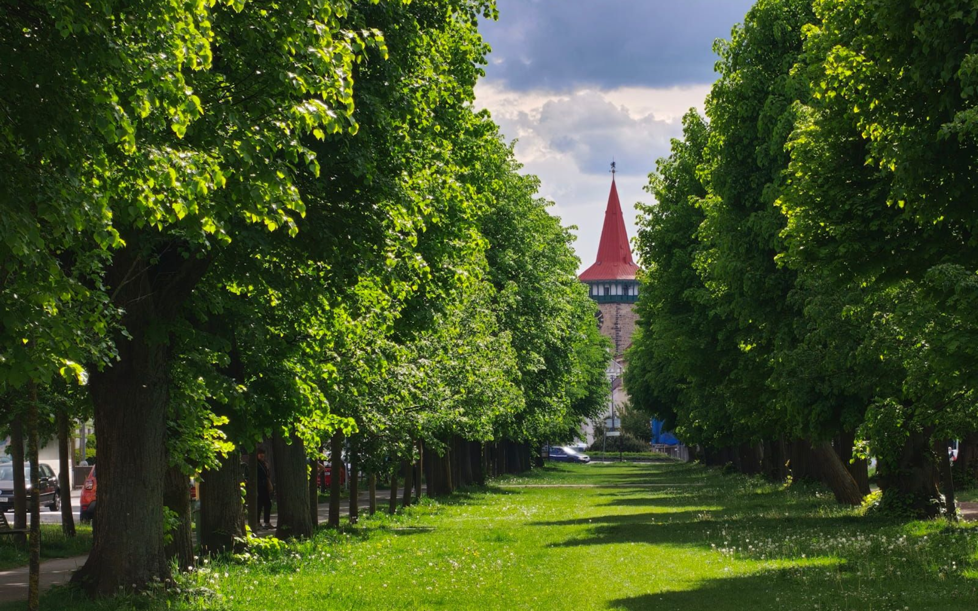 Tree-lined park path leading to a distant red-roofed tower under a cloudy sky