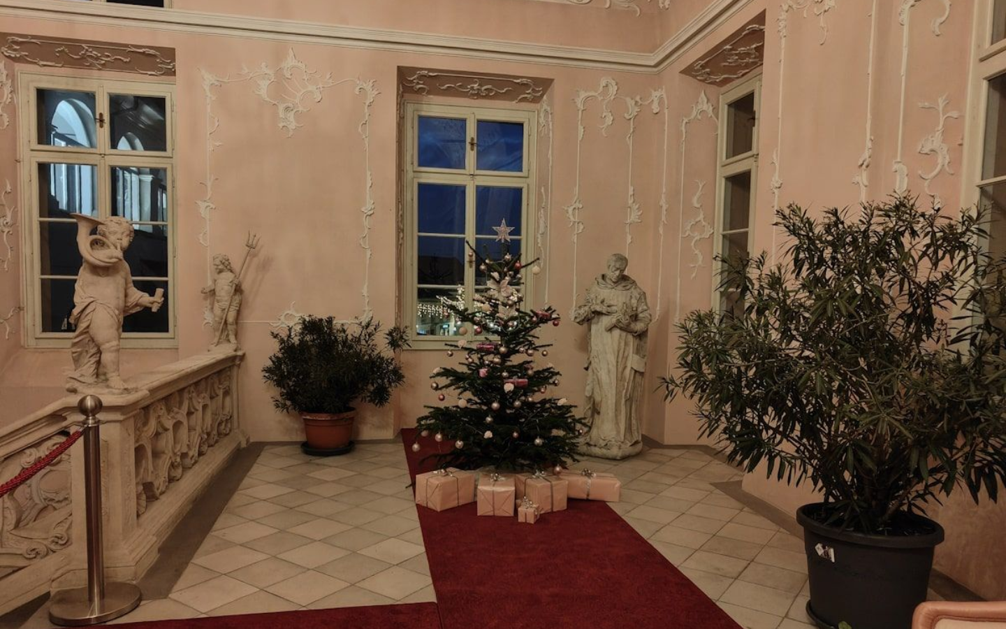 Maribor Schloss Hallway with Christmas tree, statues, potted plants, and red carpet. Pink walls with ornate trim, windows.