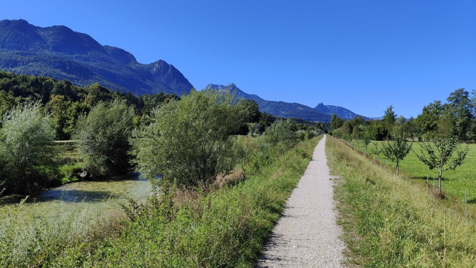 A gravel path alongside greenery, leading toward mountains under a clear blue sky.