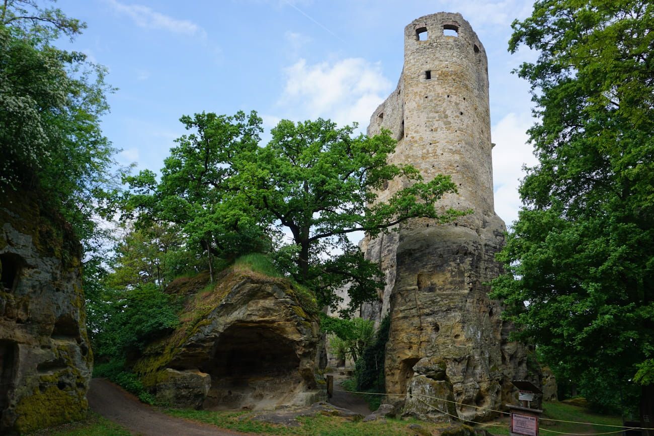 Ruins of a stone castle tower surrounded by green trees and foliage under a cloudy sky