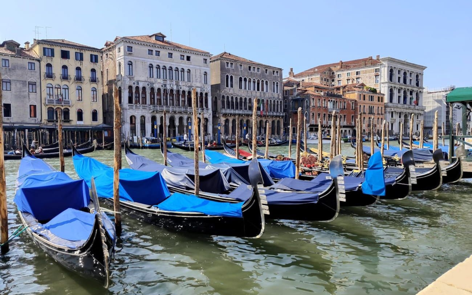 Venedig: blaue Gondeln A row of gondolas with blue covers moored along a canal in front of historic buildings in Venice, Italy.