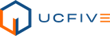 The logo for ucfive is blue and orange and looks like a house.