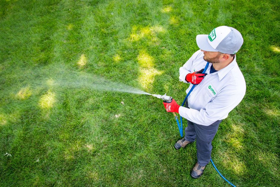 A man is spraying a lawn next to a van.