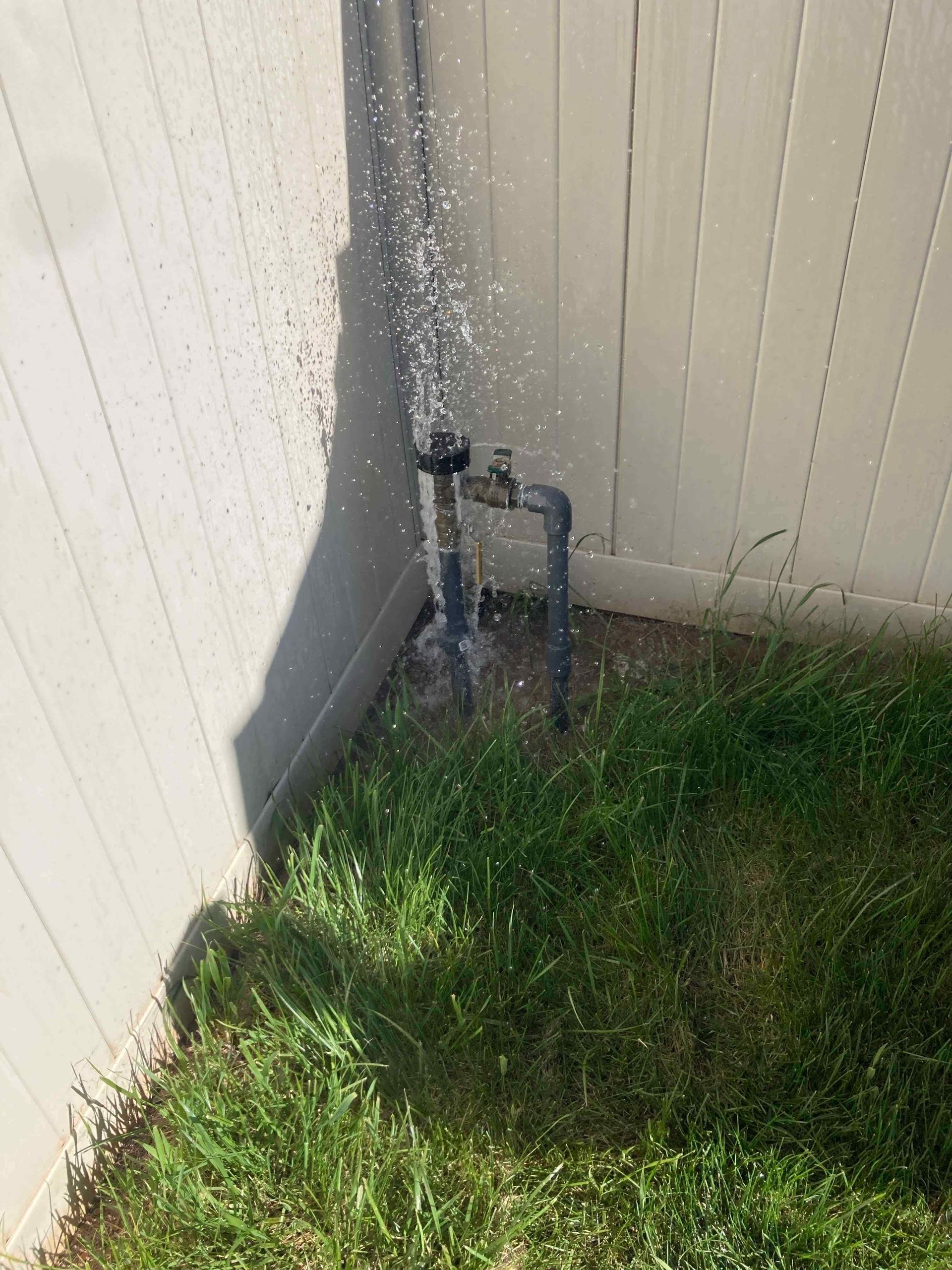 Water spraying from a broken pipe next to a white fence, grass in the yard.
