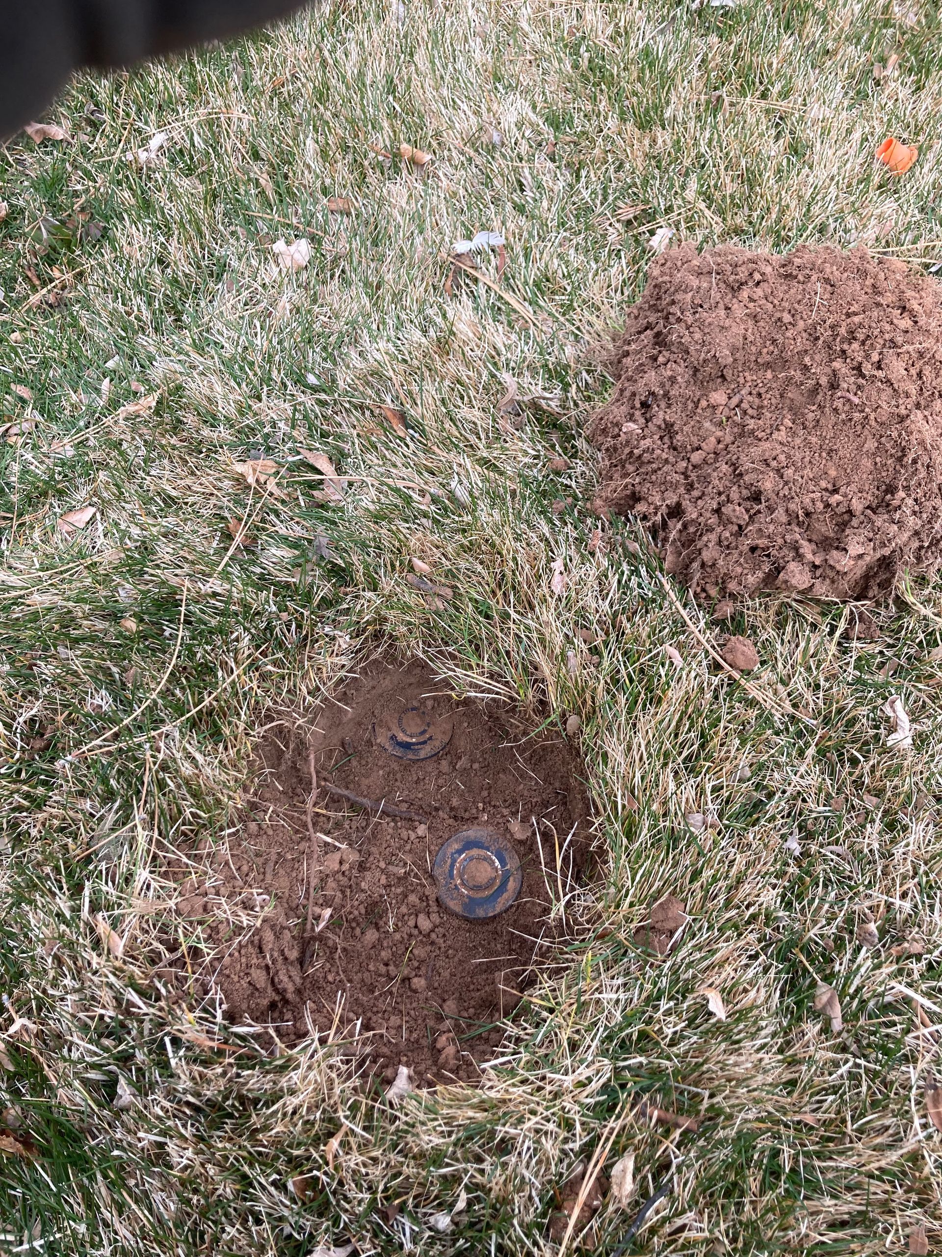 Hole in lawn with sprinkler head visible; a pile of dirt is nearby.