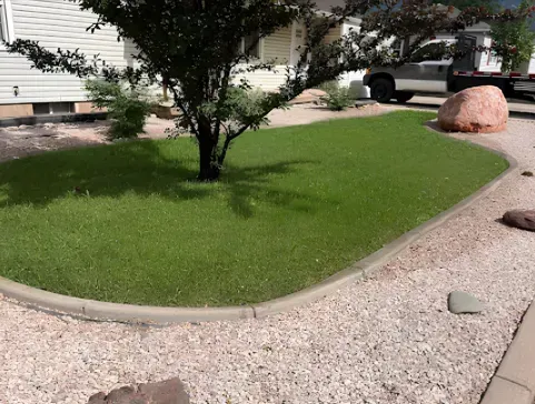 Green lawn bordered by concrete and rocks, with a tree and large pink rock in the yard.