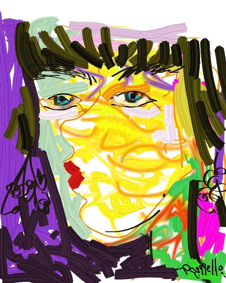 A drawing of a man 's face with a purple background