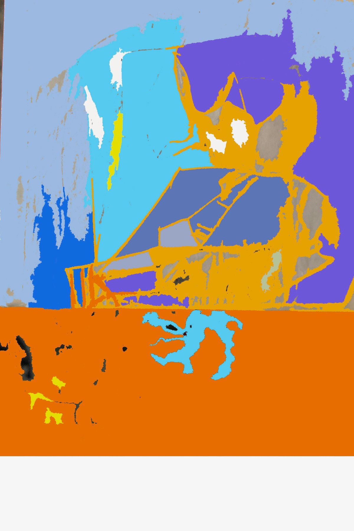 A colorful painting with a blue and orange background