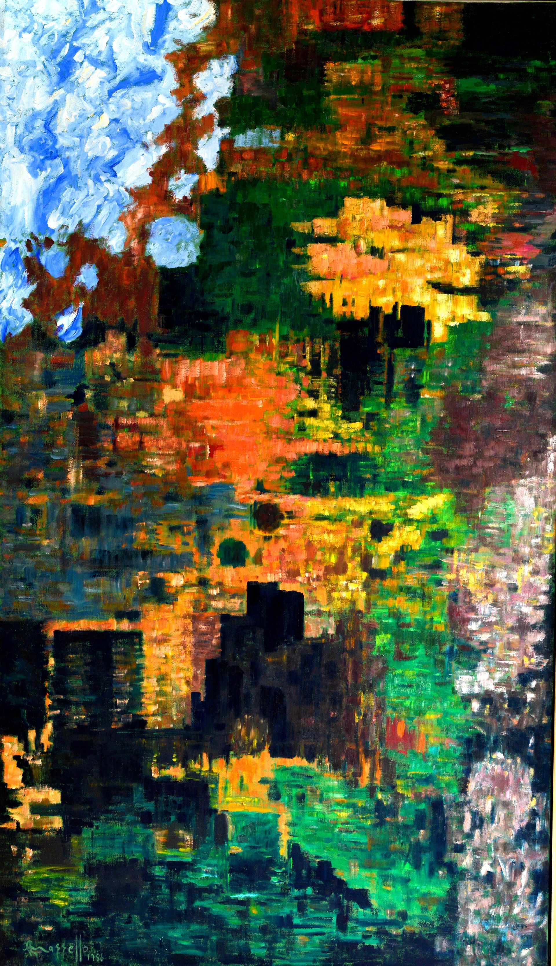 A colorful painting of a landscape with trees and buildings