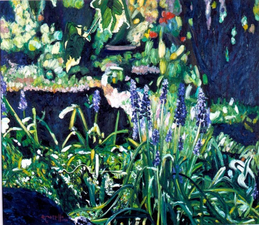 A painting of purple flowers in a garden