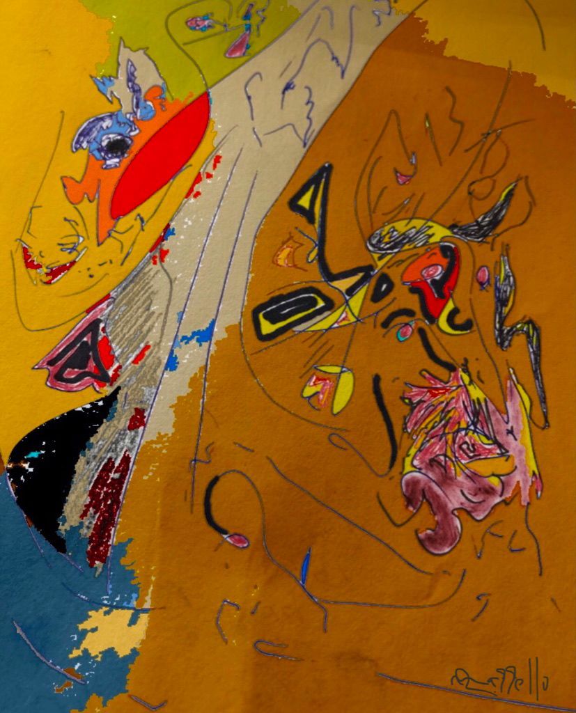 A colorful painting with the letters r and l on it