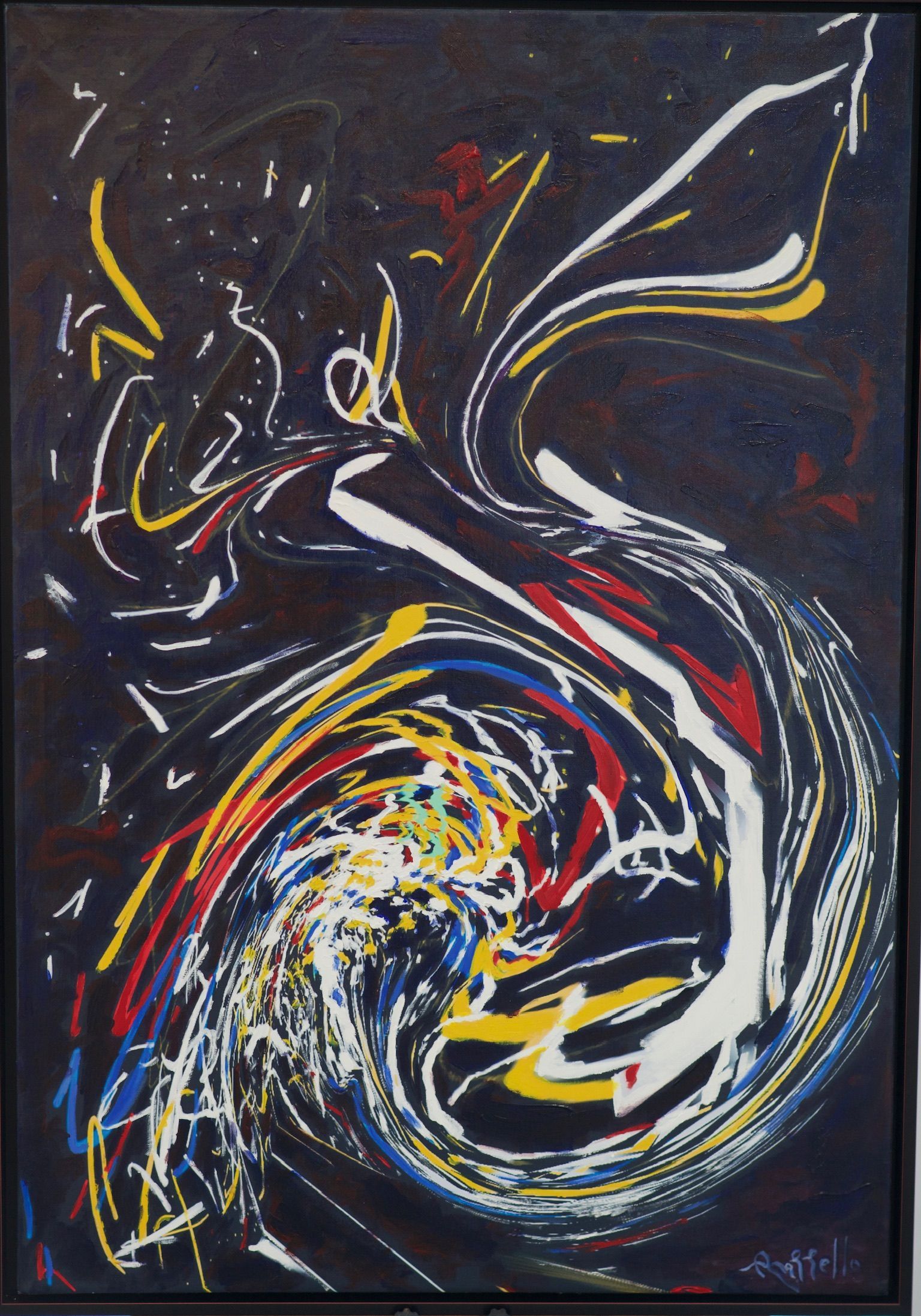 A painting of a colorful swirl on a black background