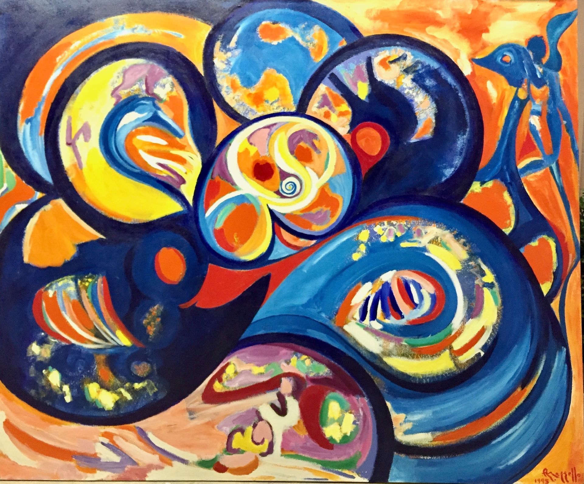 A painting of a colorful flower with the letters md on it