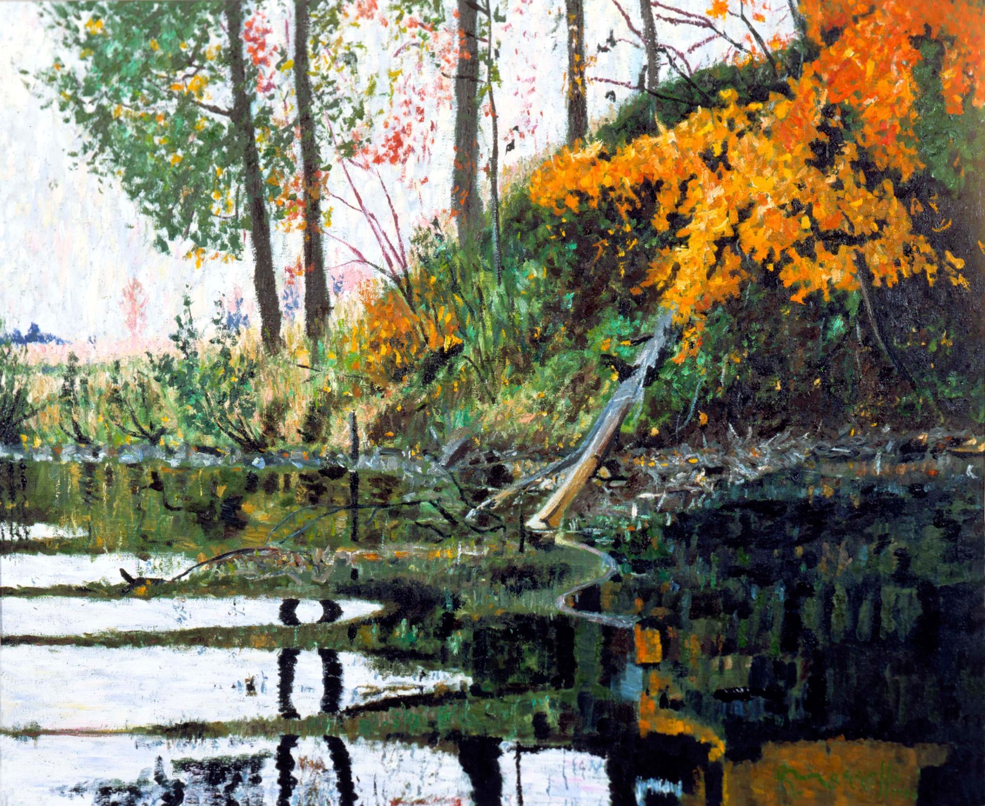 A painting of a river with trees in the background