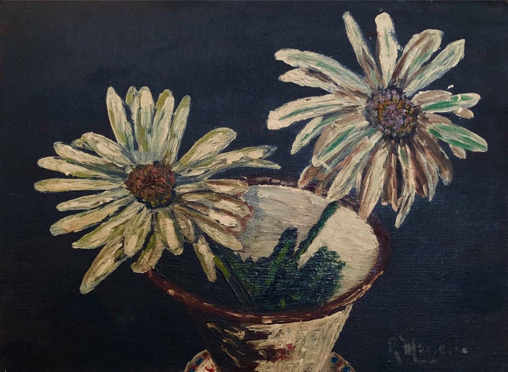 A painting of three daisies in a vase