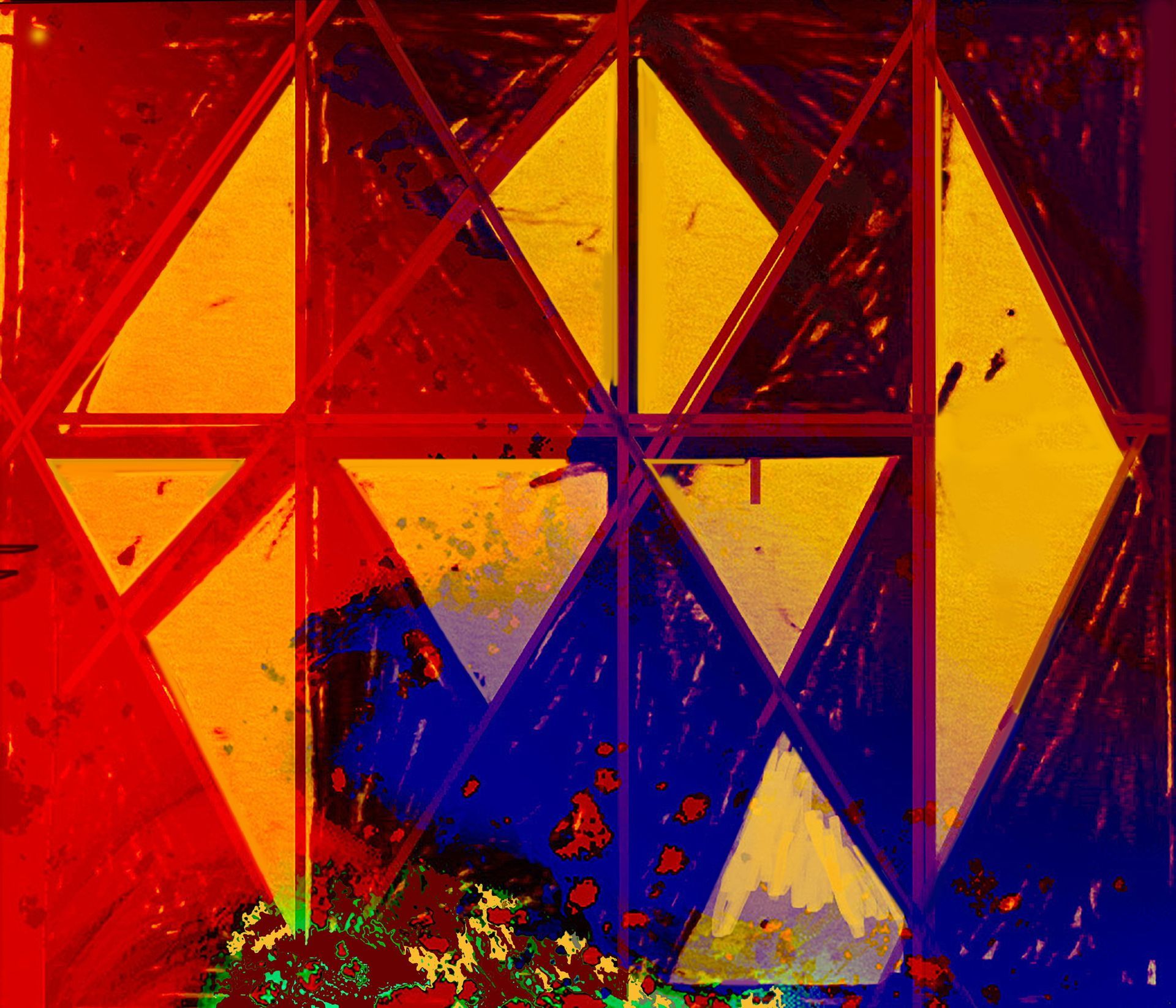 A painting of triangles on a red and blue background