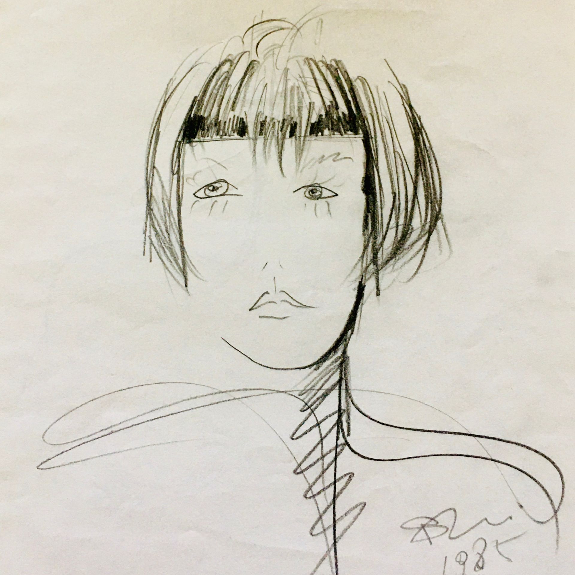 A black and white drawing of a woman 's face with the year 1928