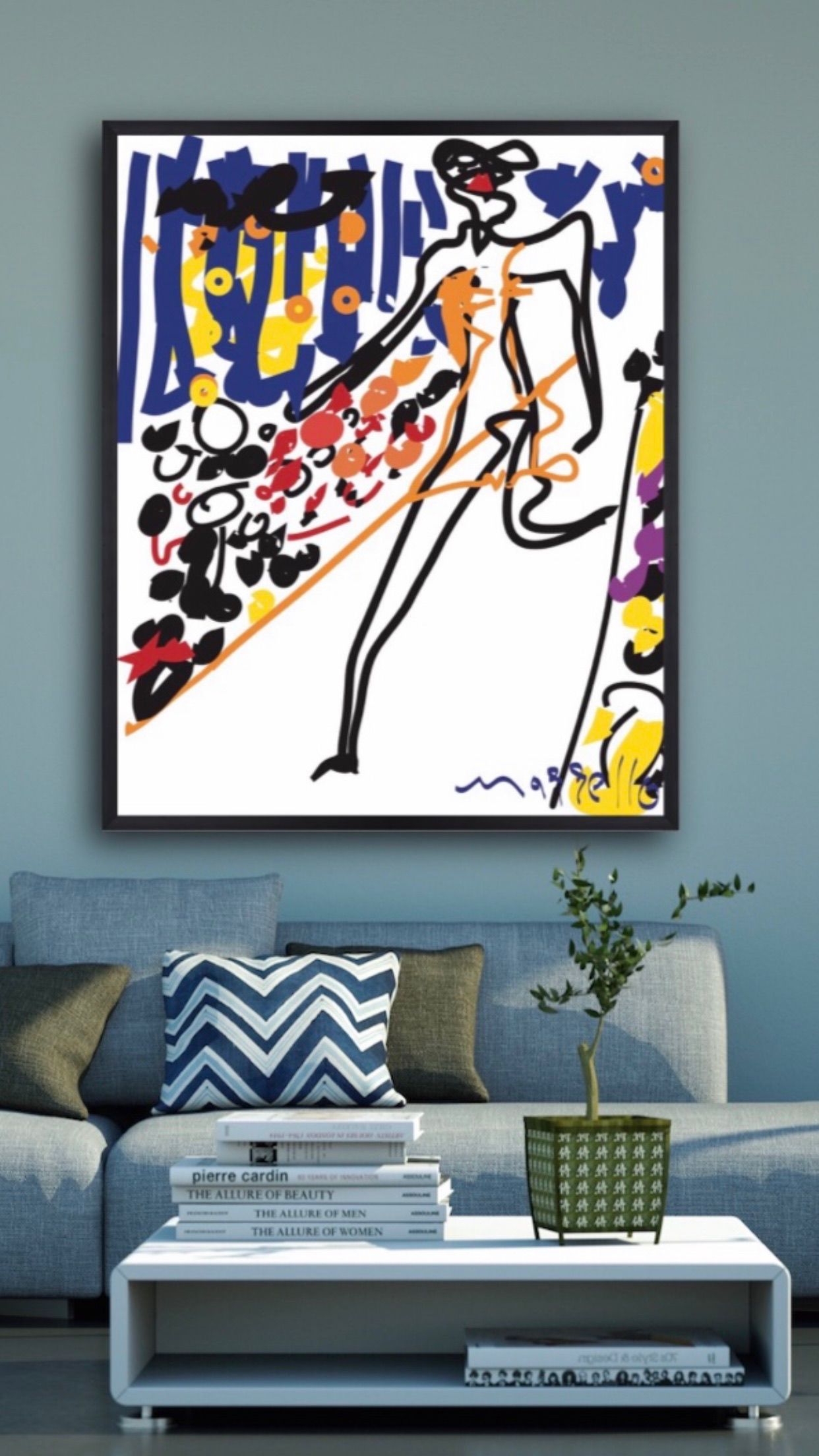 A living room with a couch a coffee table and a painting on the wall