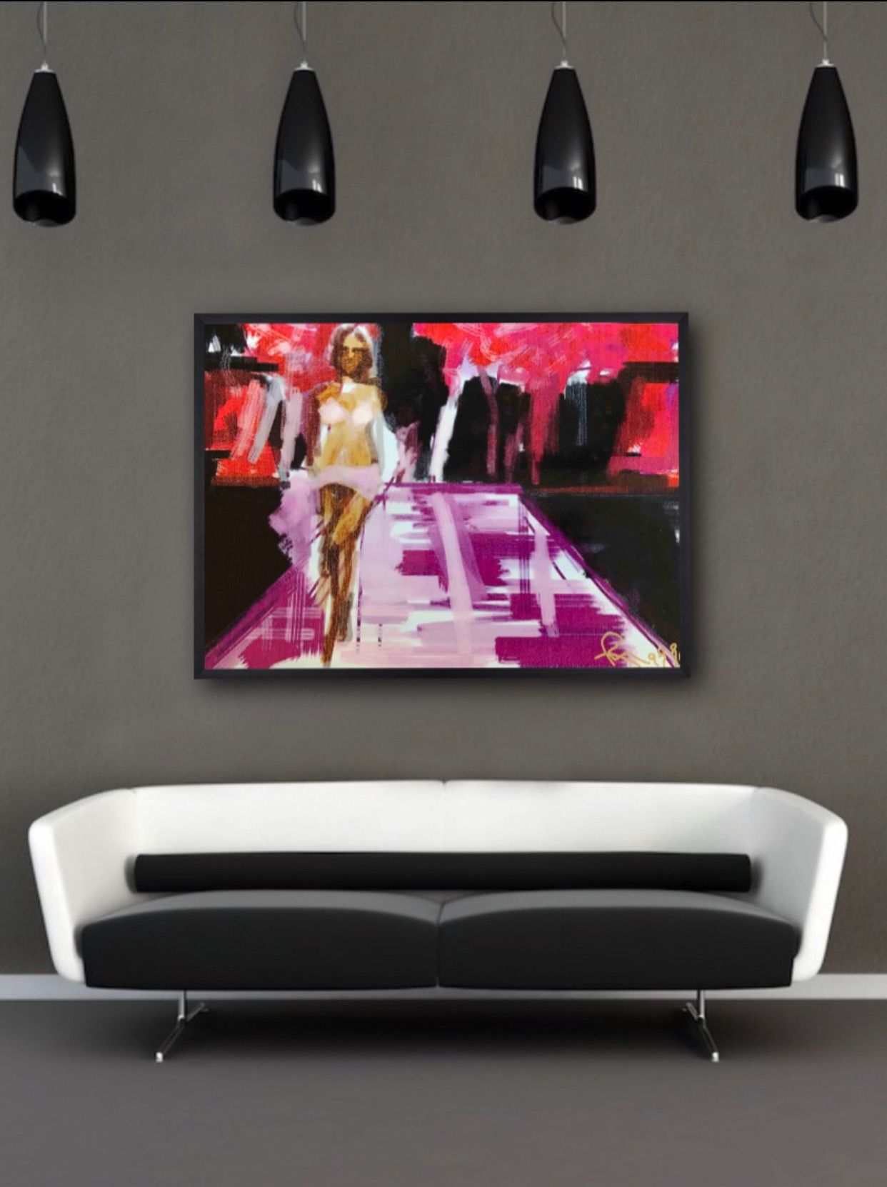 A painting of a woman walking down a runway hangs above a couch