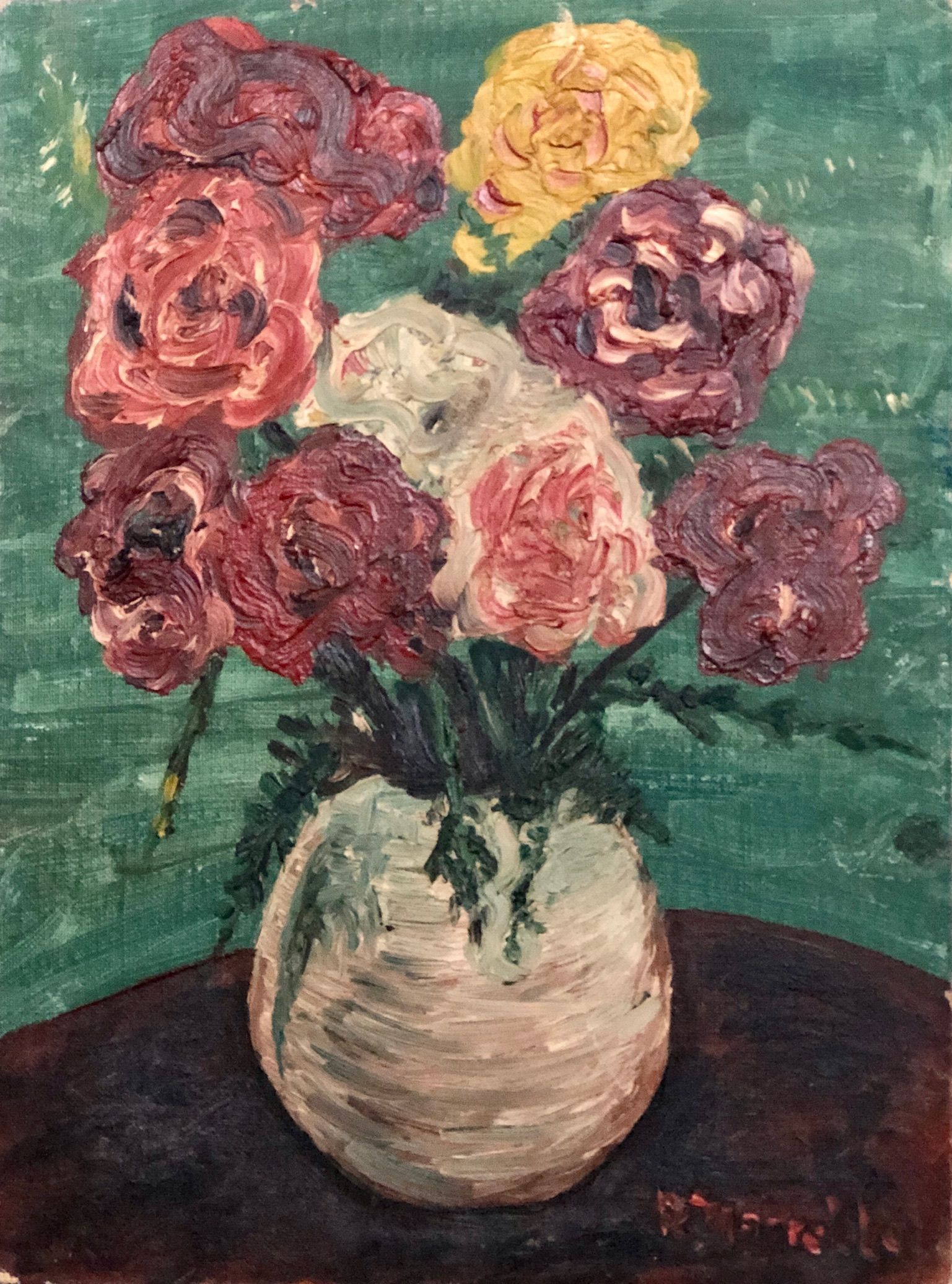 A painting of flowers in a vase on a table.