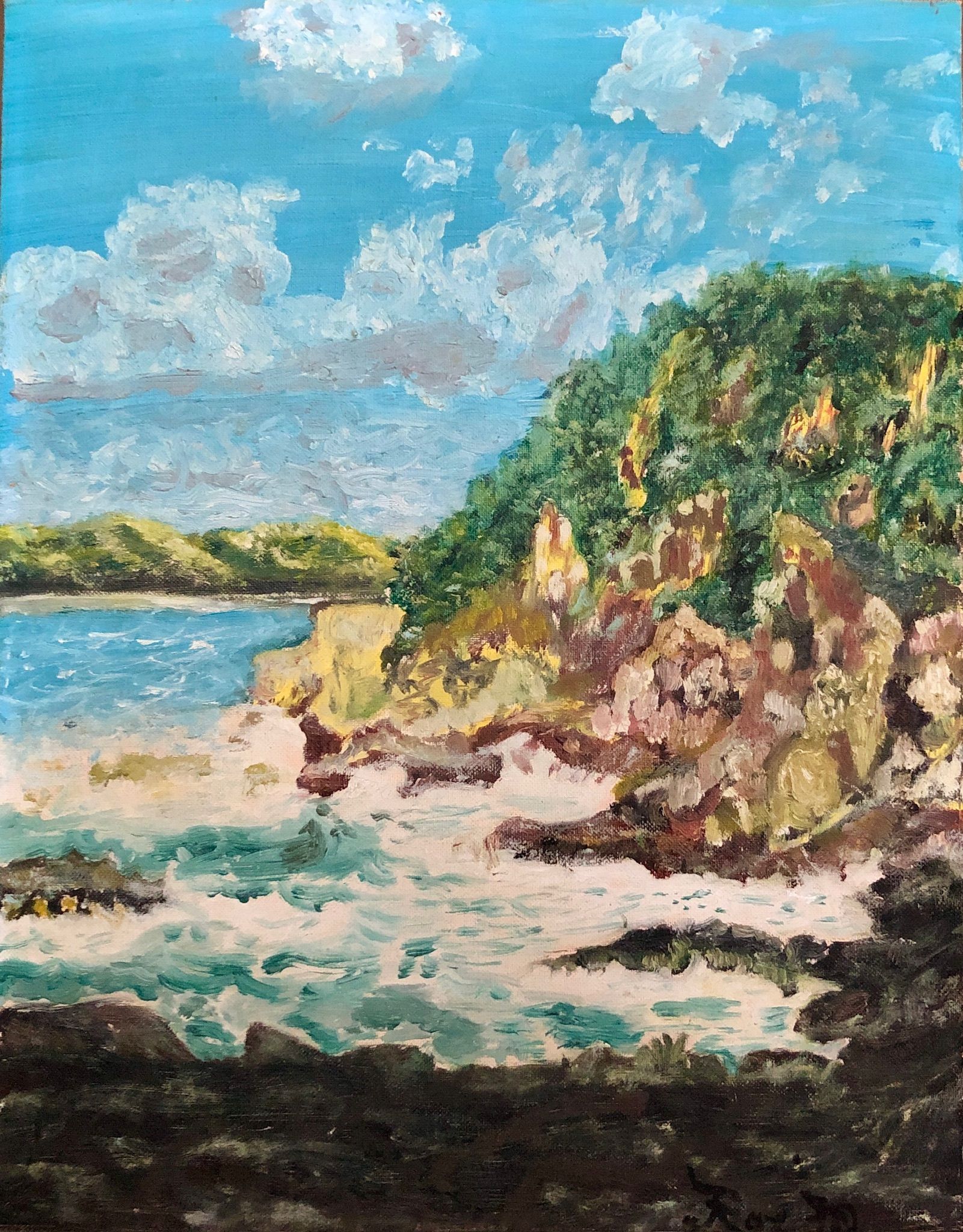 A painting of a cliff overlooking a body of water.
