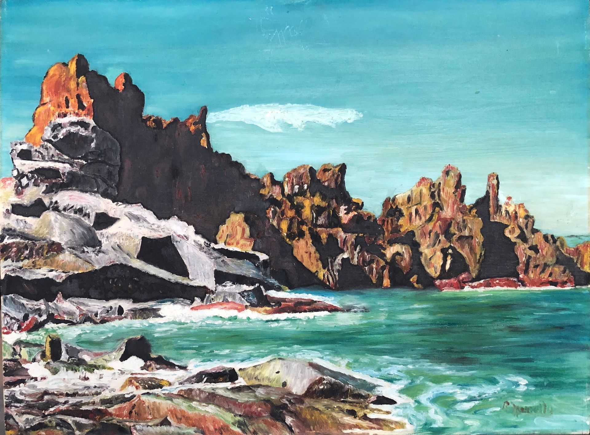 A painting of a rocky shoreline with mountains in the background