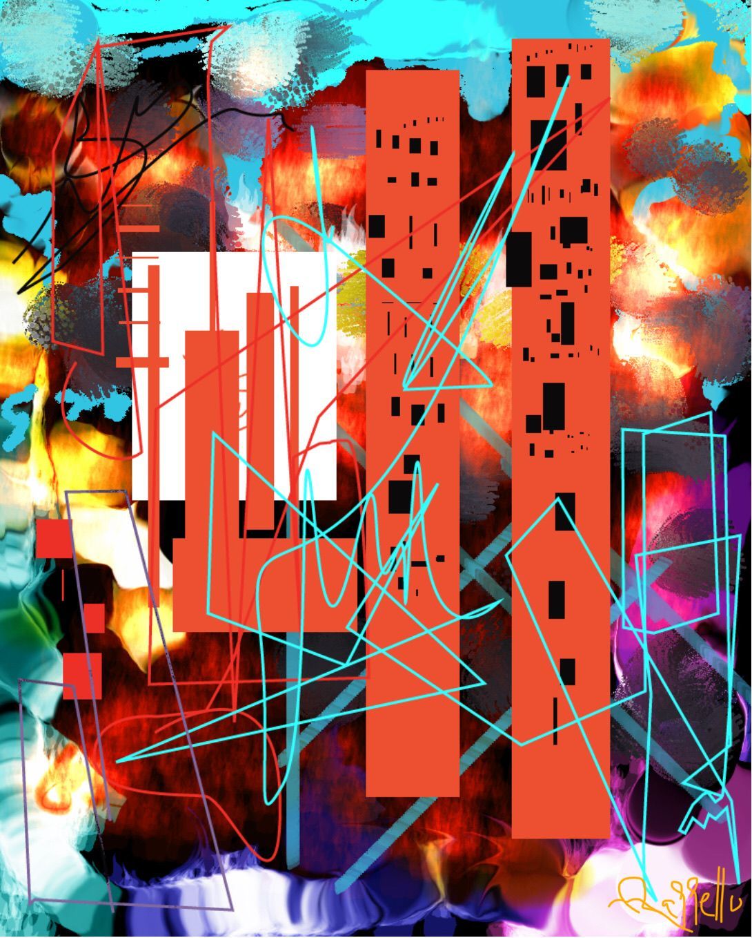 A colorful painting of a city with buildings and lines