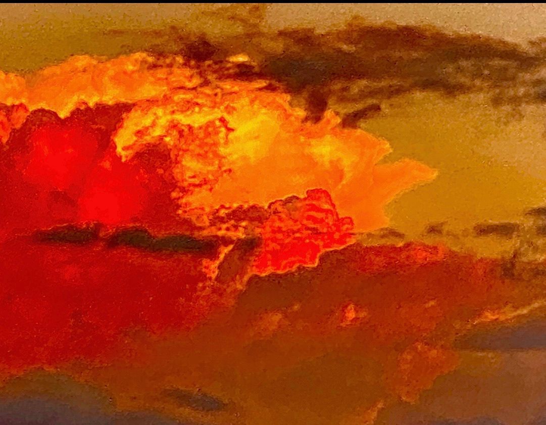 A painting of a sunset with a red cloud in the sky.
