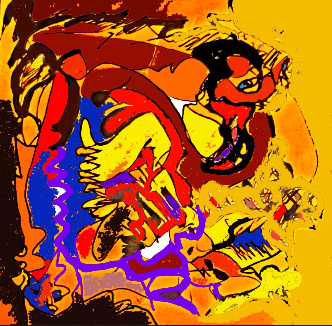 A colorful painting of a man holding another man 's hand