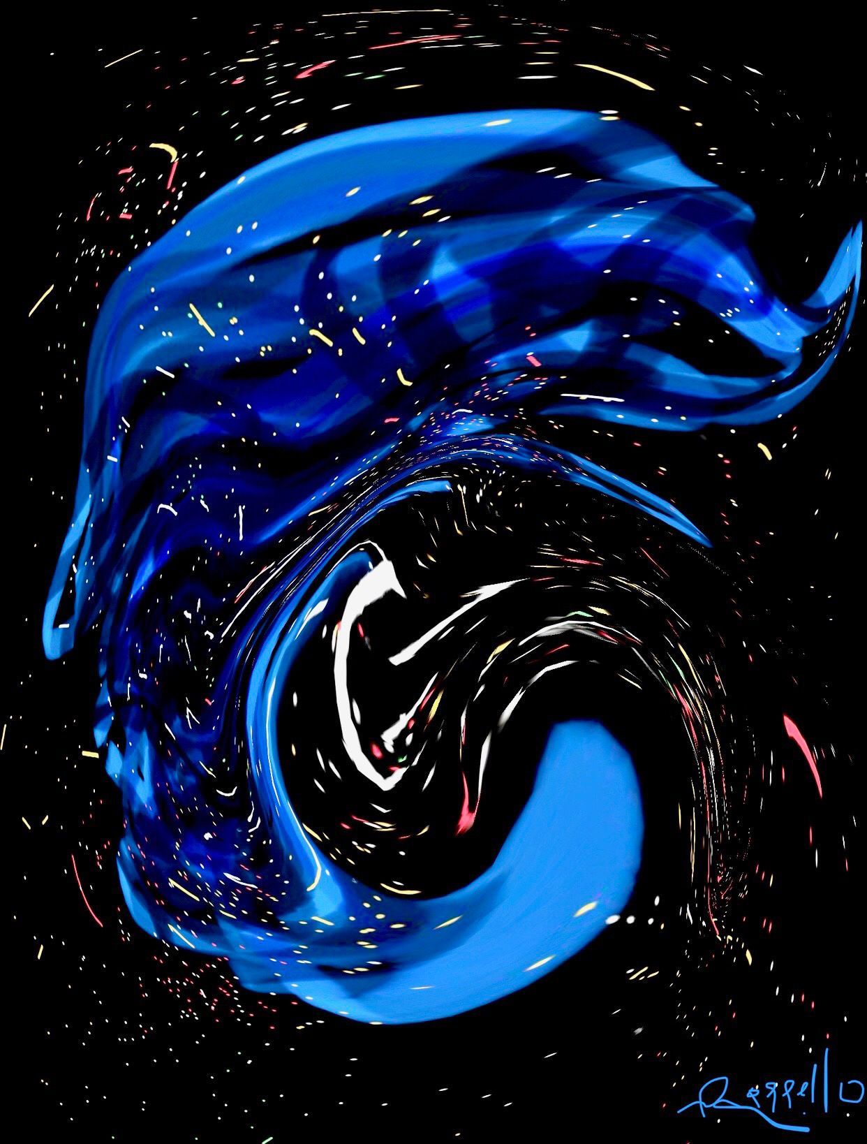 A painting of a blue swirl on a black background