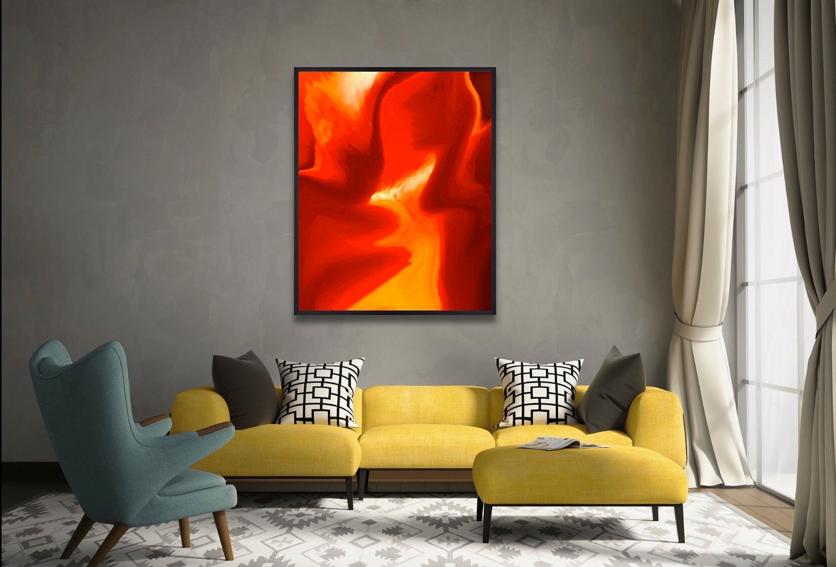 A living room with yellow furniture and a red painting on the wall