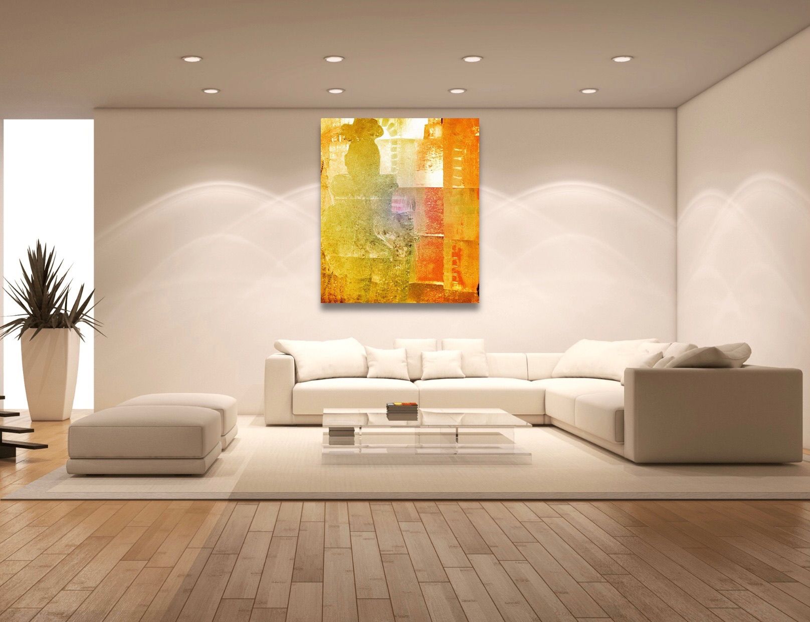 A living room with a large painting on the wall above the couch