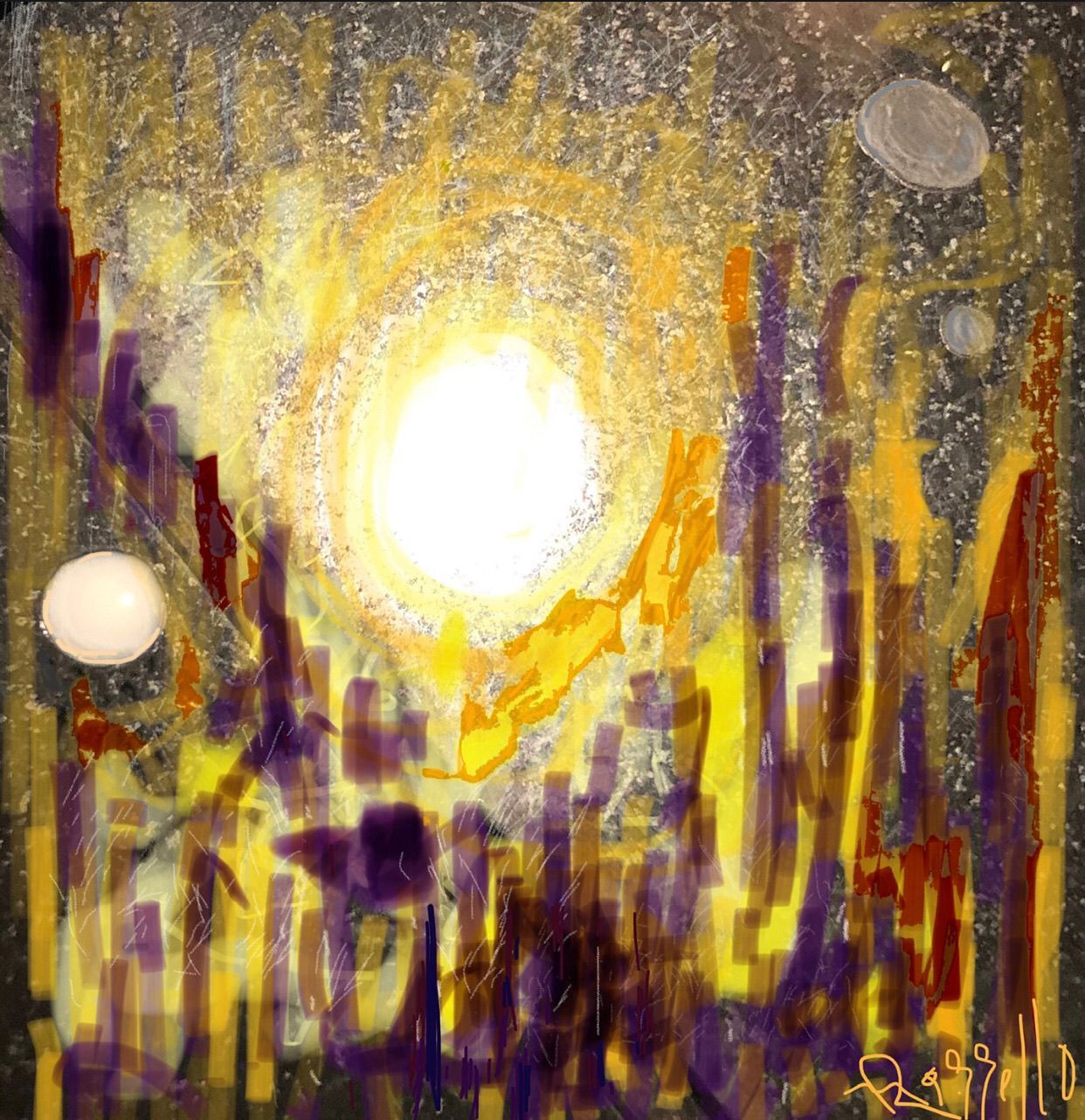 A painting of a sun surrounded by purple and yellow flowers
