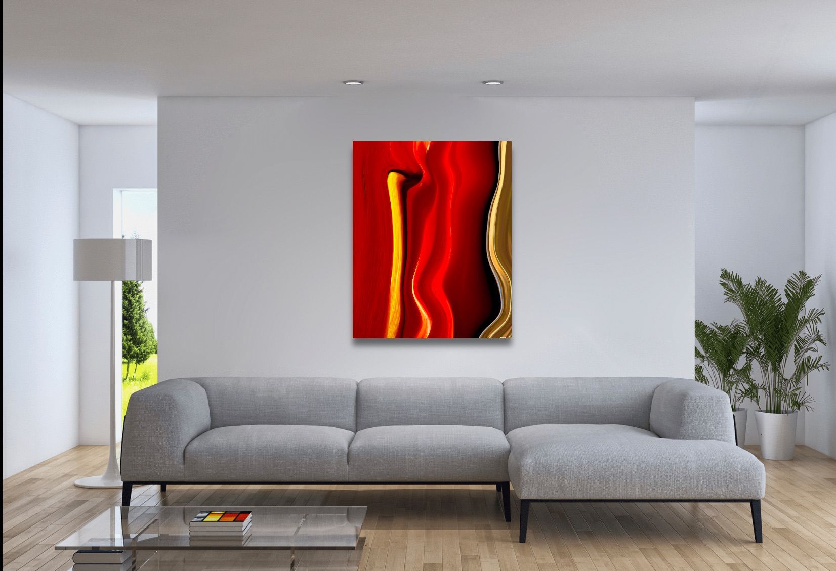 A living room with a couch and a painting on the wall