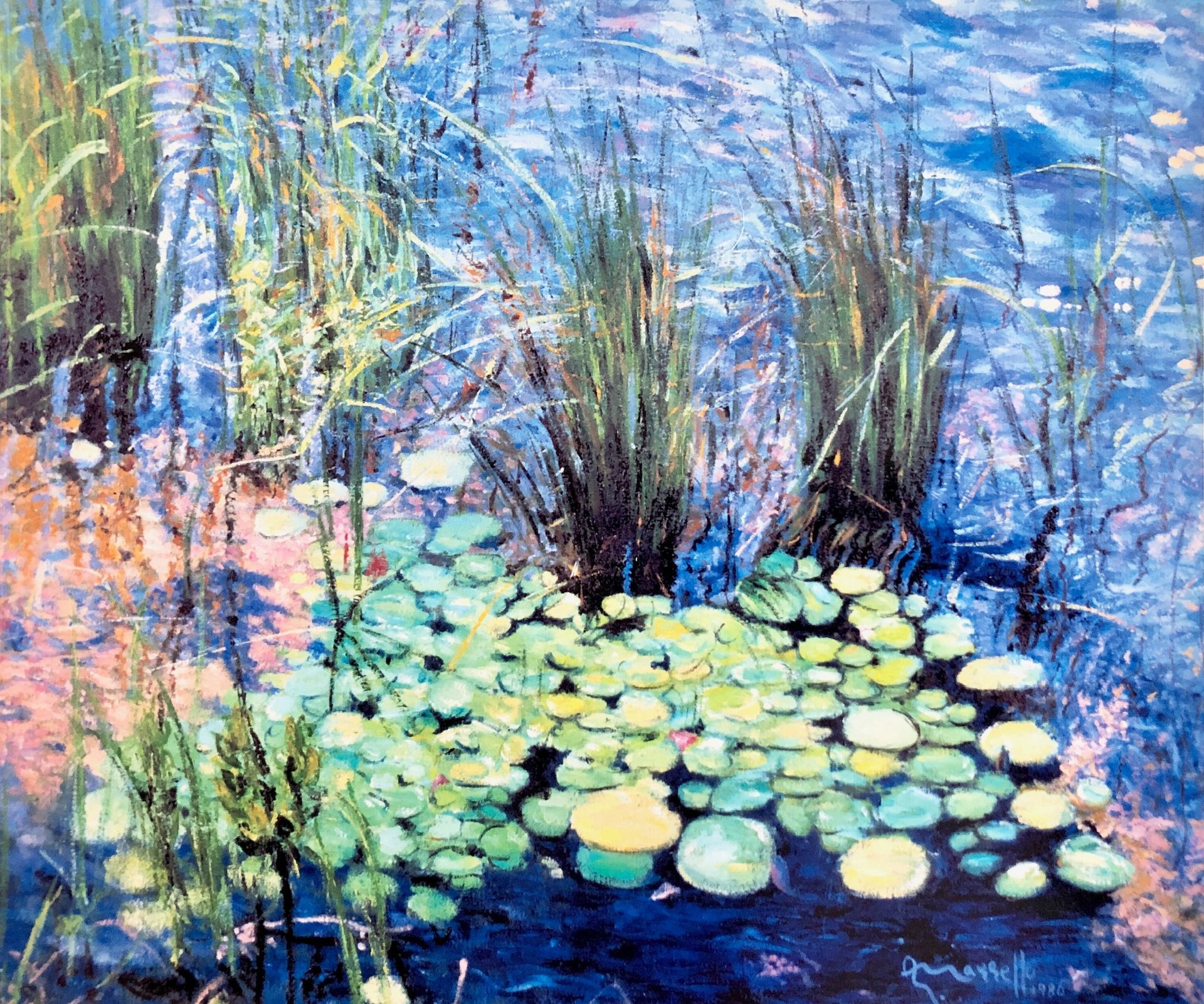 A painting of water lilies and tall grass in a pond