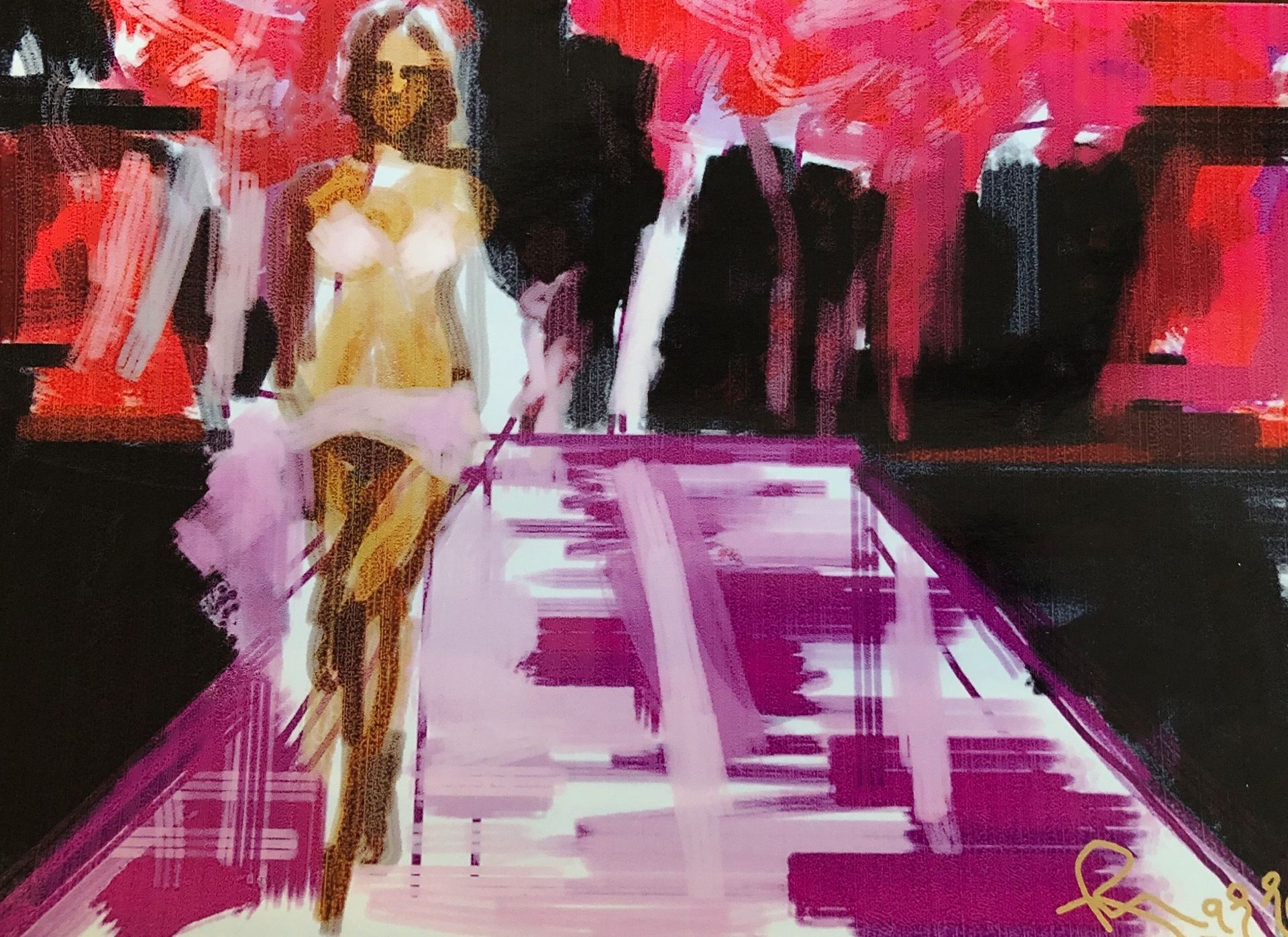 A painting of a woman walking down a runway