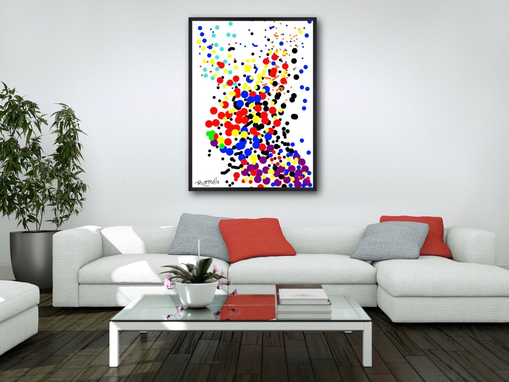 A living room with a white couch and a colorful painting on the wall