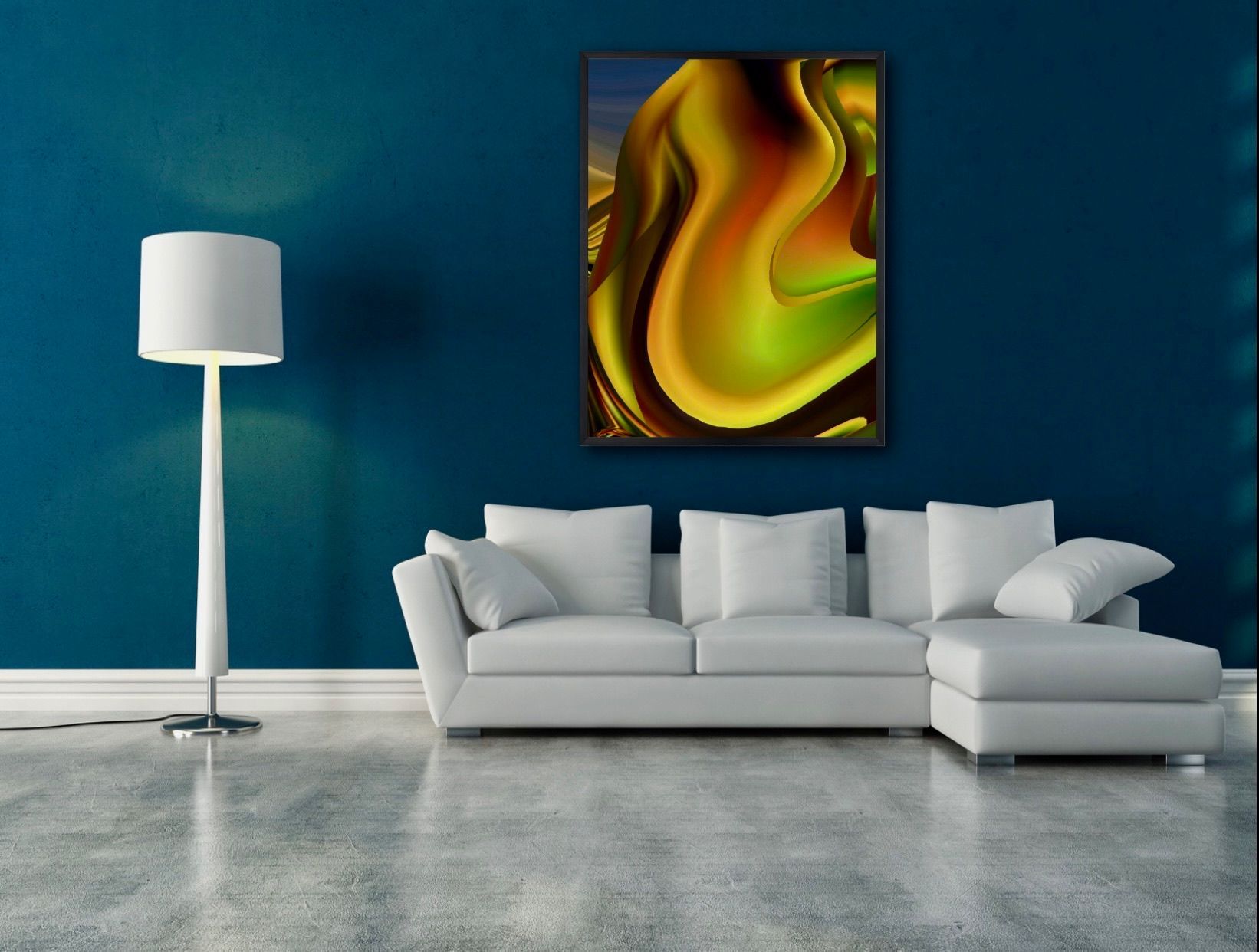 A living room with blue walls and a white couch