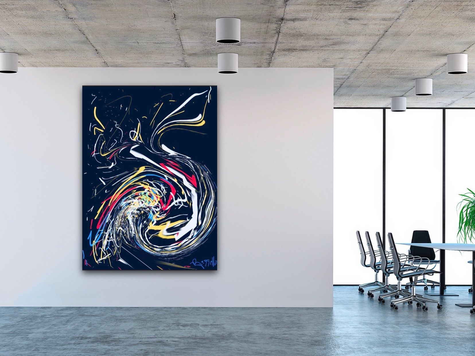 A large painting is hanging on a wall in a conference room